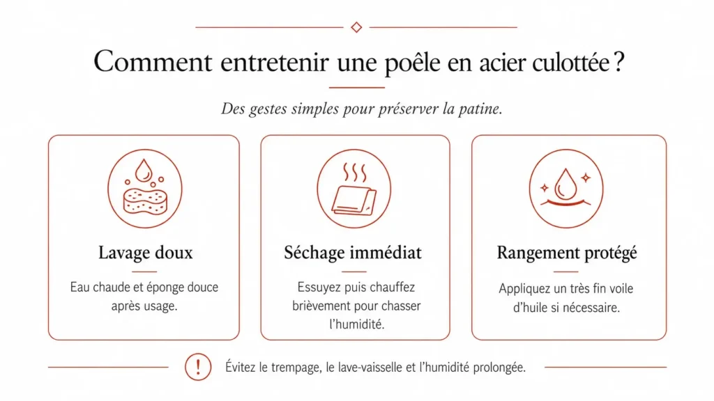 Comment entretenir une poêle en acier culottée